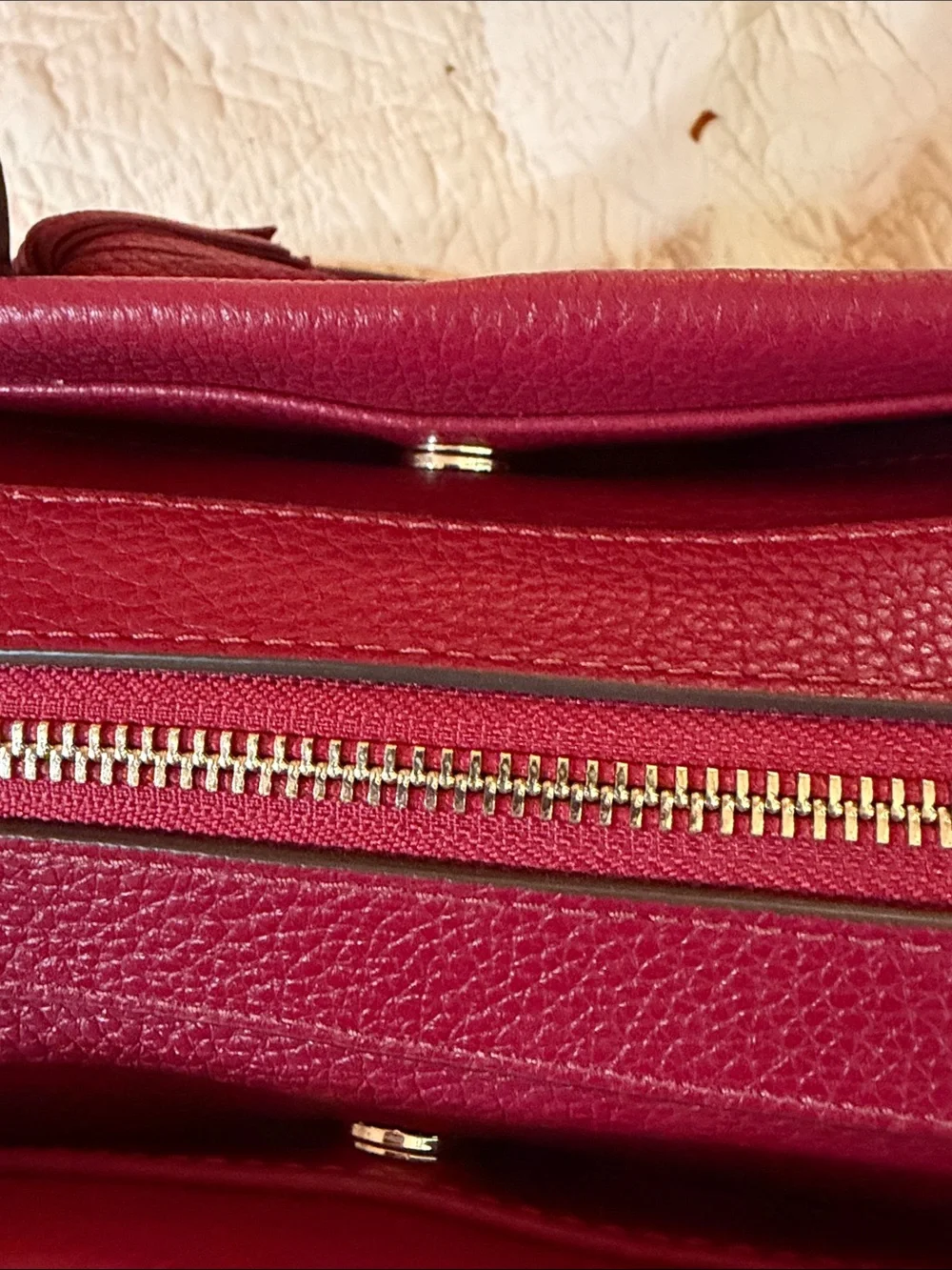 kate spade Berry Red Pebbled Leather Satchel with Tassel. NWT